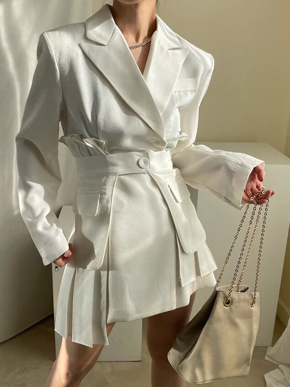 White Peak Lapel Belted Pleated Blazer Mini Dress 3
