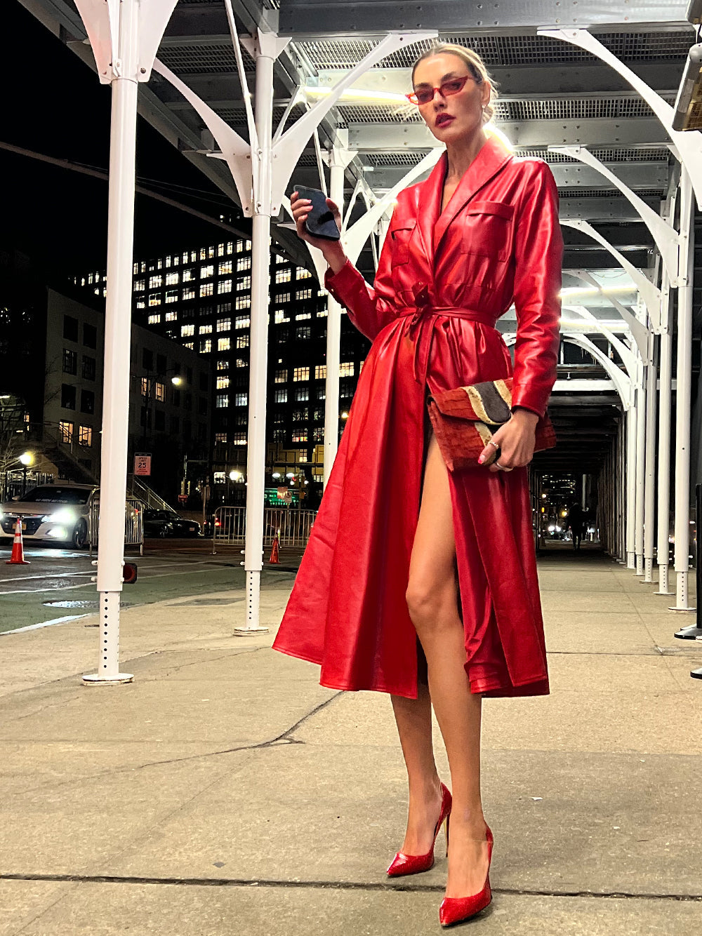 Lapel Belted Leather Maxi Trench Coat 3