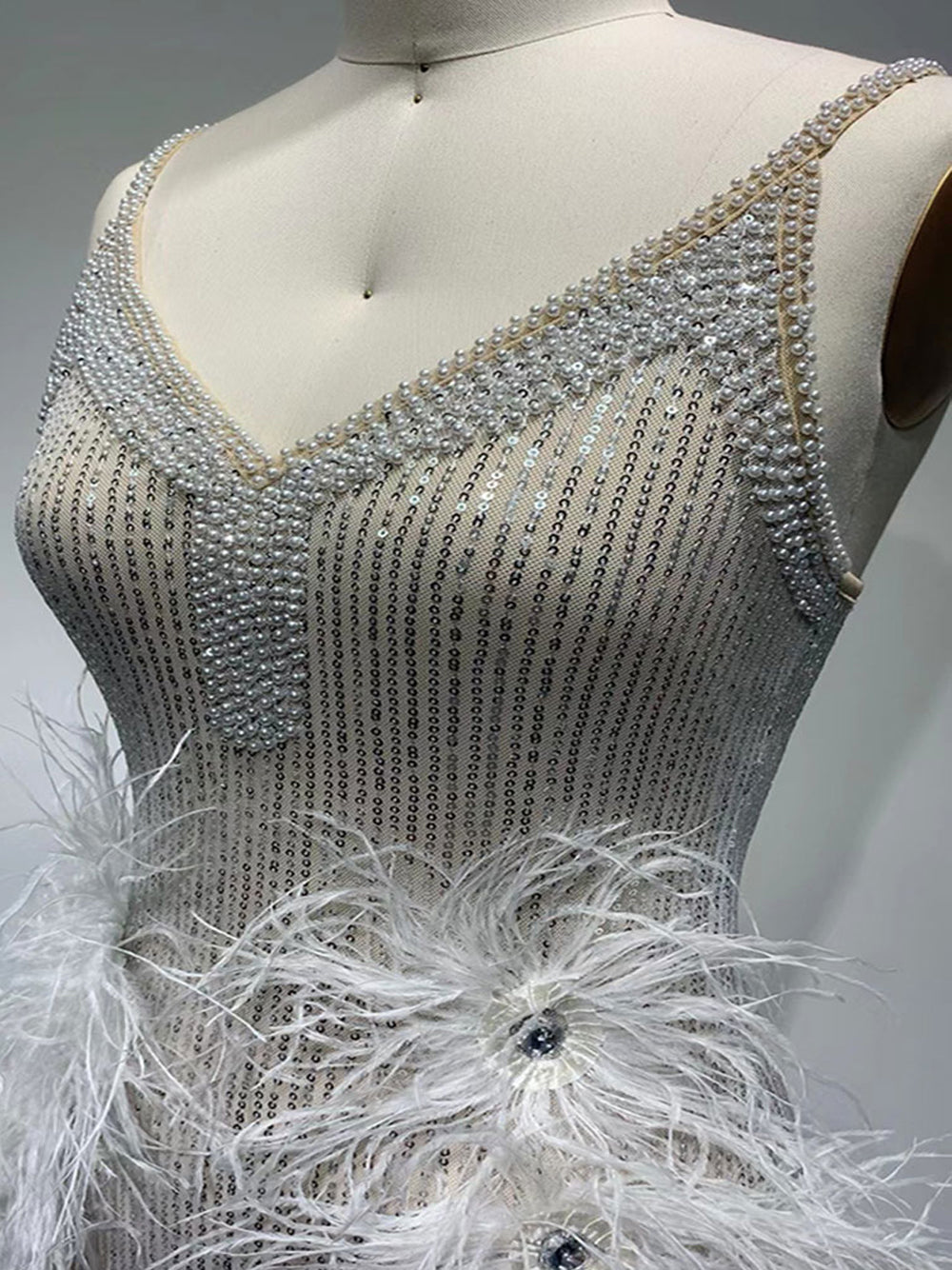 White Spaghetti Strap V-Neck Rhinestone Feather Trim Bodycon Mini Dress 7