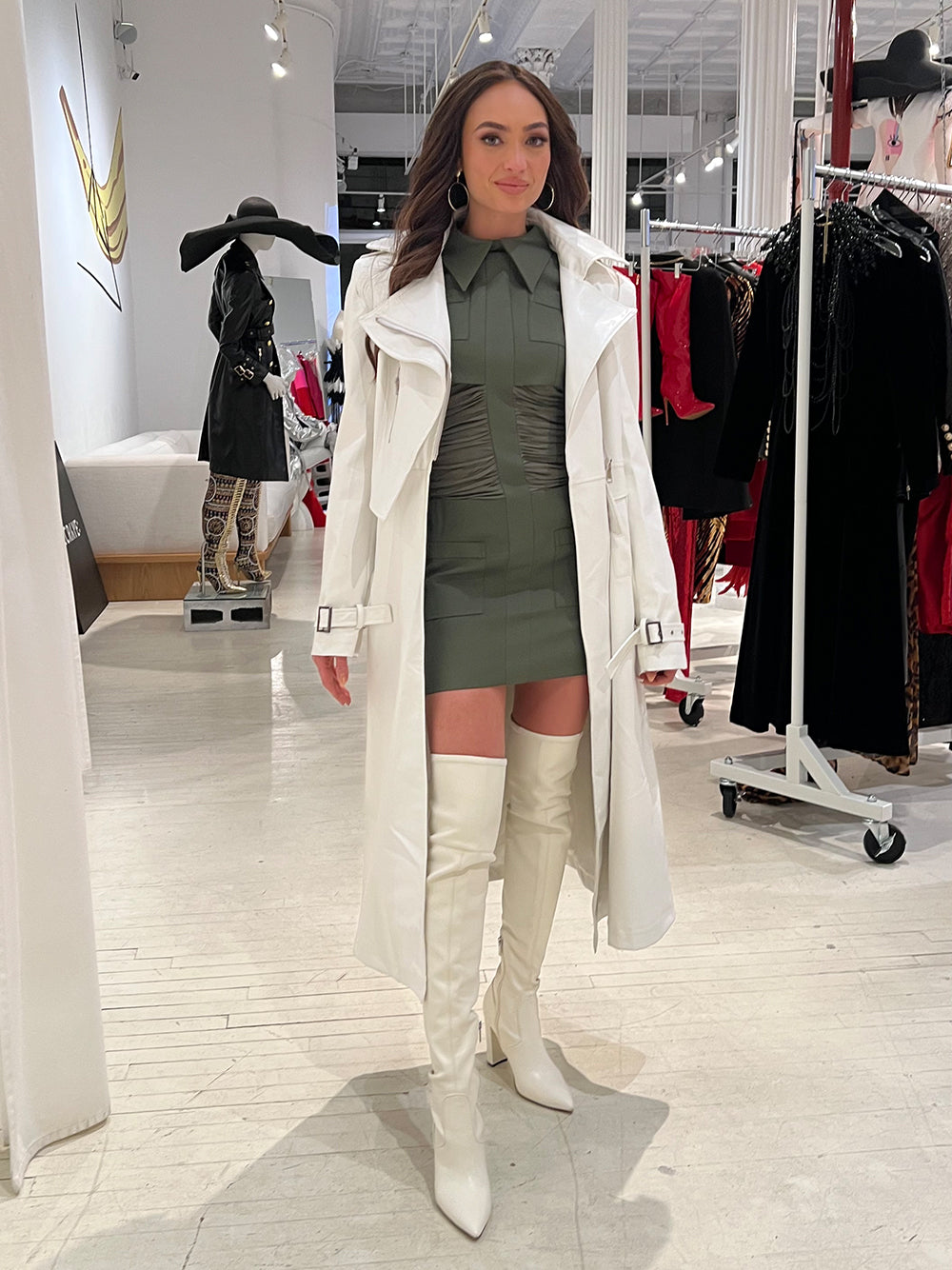 White Lapel Collar Zip Front Buckle Cuff Faux Leather Trench Coat