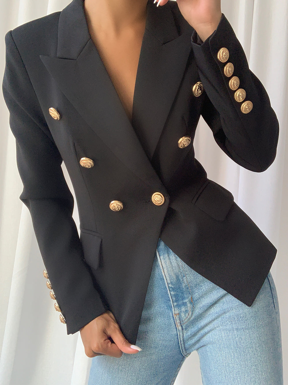 Black Peak Lapel Gold Button Double-Breasted Fitted Blazer