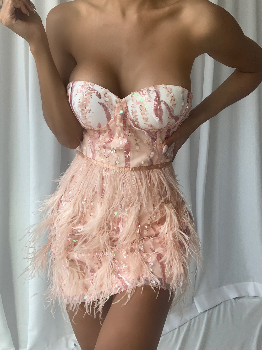 Pink Strapless Sweetheart Sequin Feather Trim Bustier Bodycon Mini Dress 2