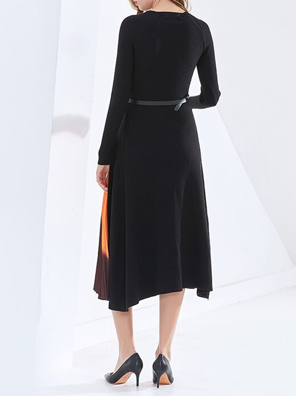 Black Round Neck Ribbed Knit Belted Pleated Panel Maxi Dress 12