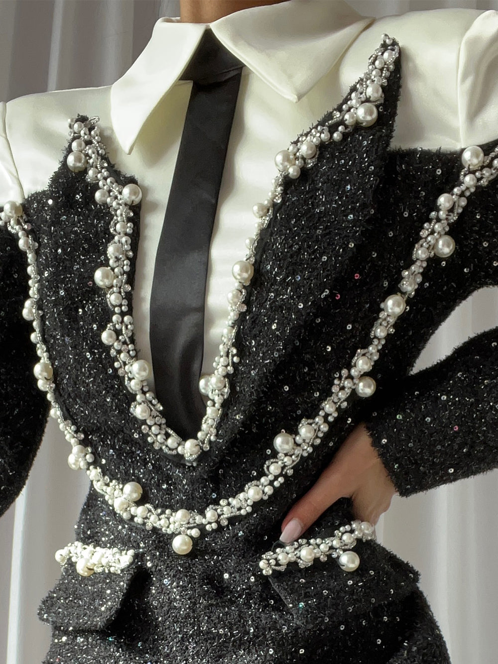 Black Collared Long Sleeve Pearl Trim Sequin Blazer Mini Dress 6