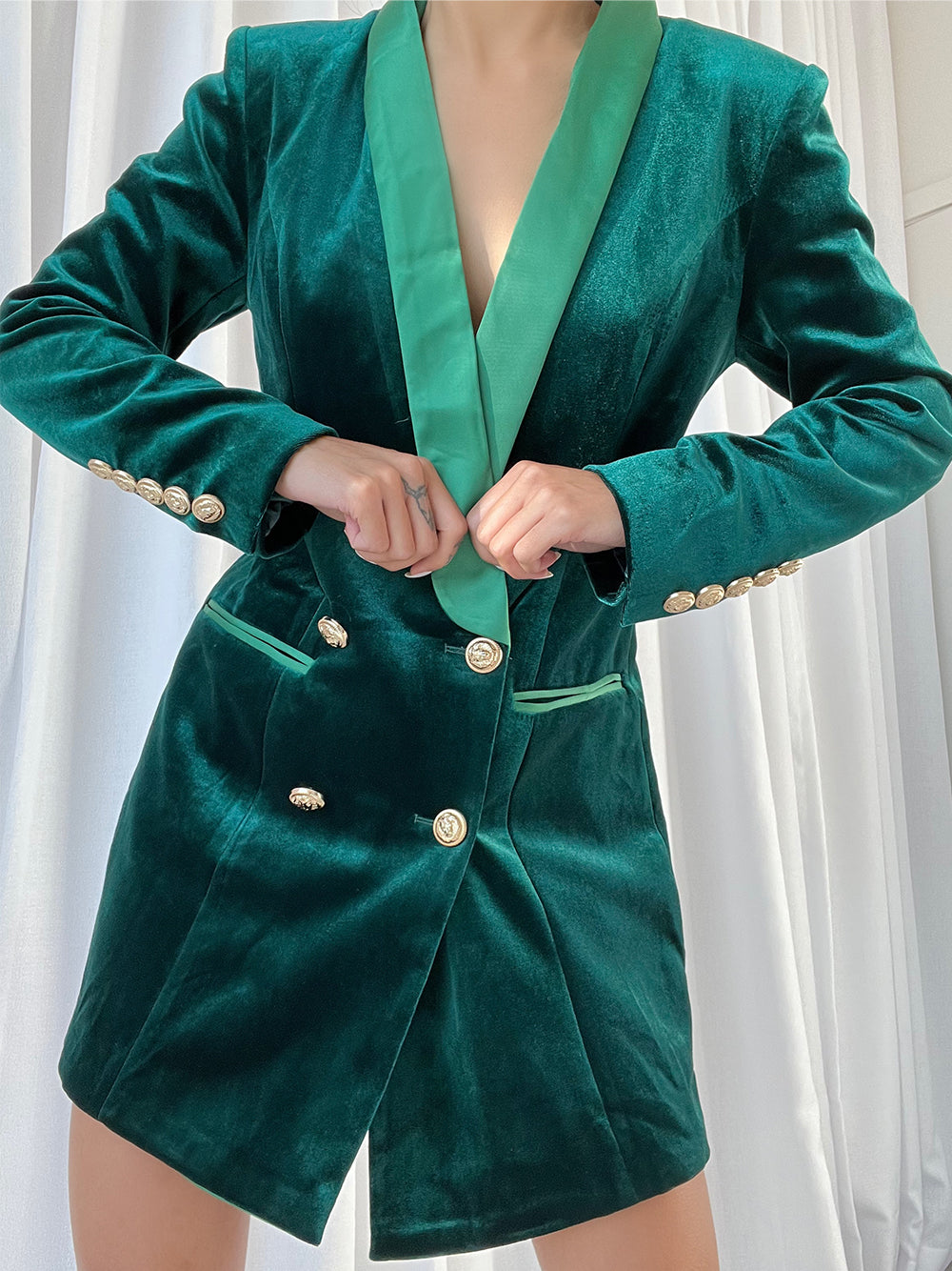 Dark Green Shawl Lapel Velvet Double Breasted Gold Button Blazer Dress