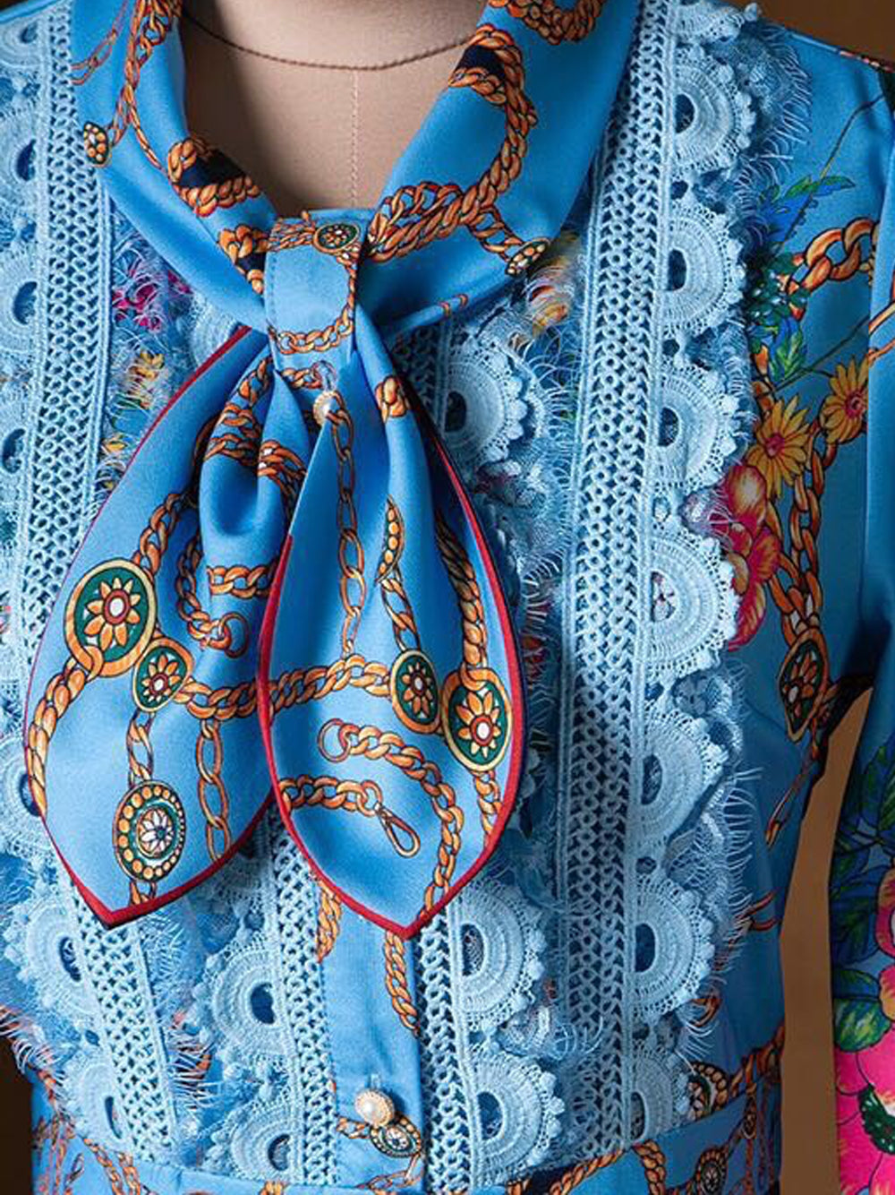 Blue Tie Neck Pearl Bib Floral Chain Print Pleated Midi Dress 12