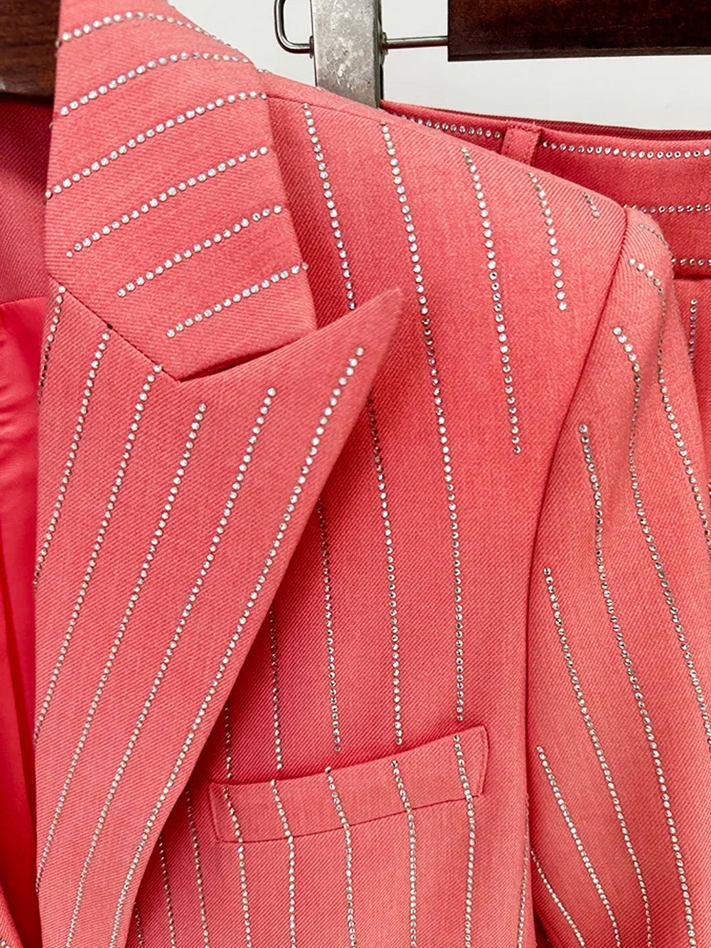 Pink Peak Lapel Rhinestone Pinstripe Oversized Blazer And Pants Set 16