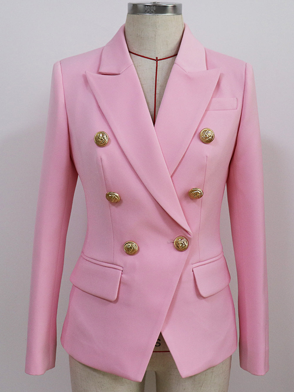 Pink Peak Lapel Gold Button Double Breasted Fitted Blazer 7
