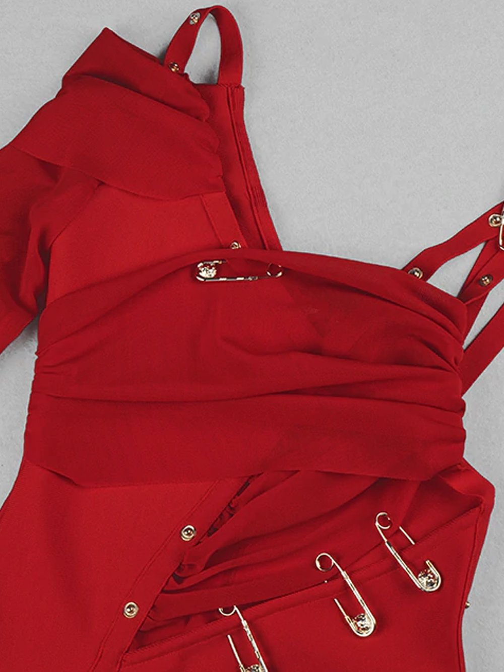 Red Asymmetric Strap Safety Pin Ruched High Slit Bodycon Maxi Dress 10