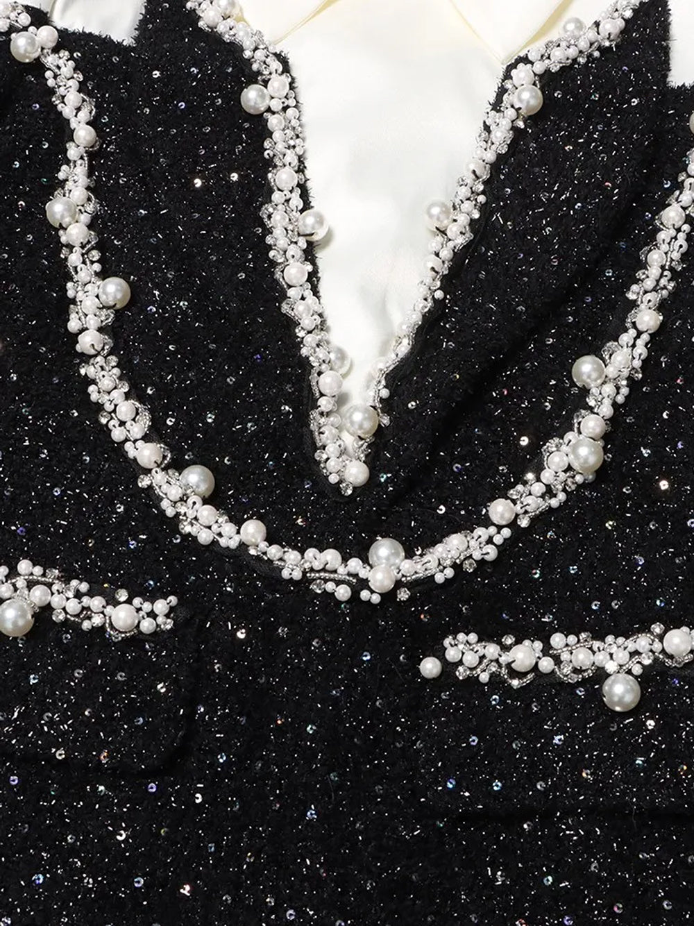 Black Collared Long Sleeve Pearl Trim Sequin Blazer Mini Dress 9
