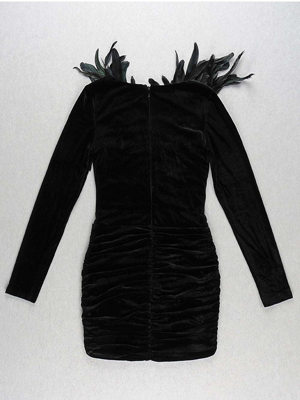 Black Off-Shoulder Feather Trim Velvet Beaded Ruched Bodycon Mini Dress