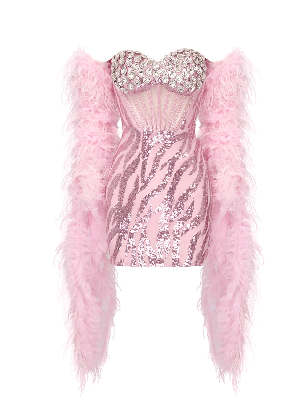 Pink Off-Shoulder Crystal Bust Feather Sleeve Sequin Bodycon Mini Dress