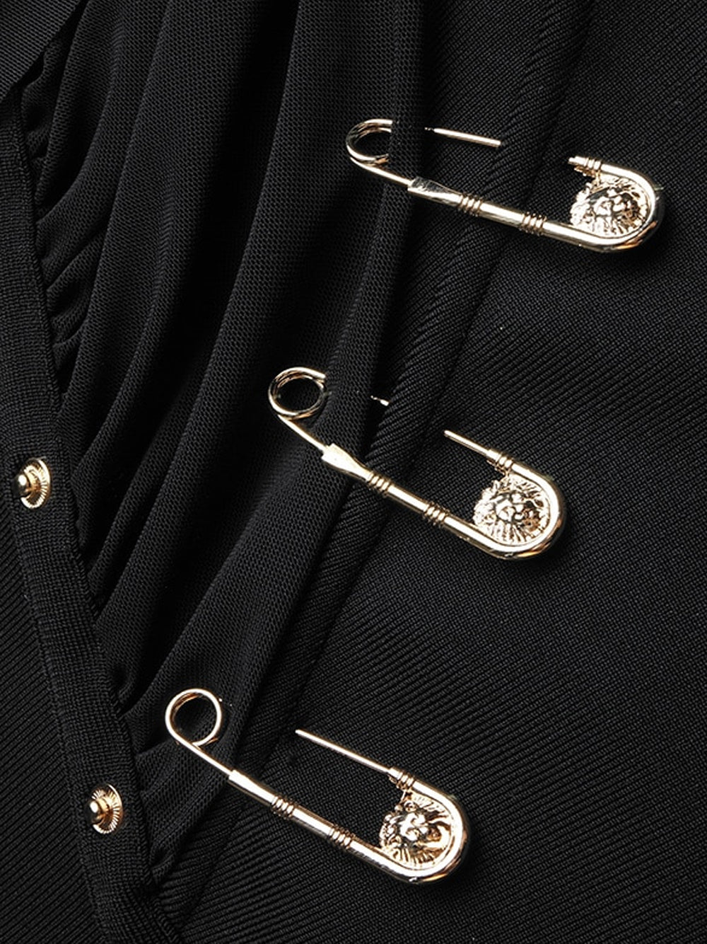 Black One Shoulder Long Sleeve Safety Pin High Slit Bodycon Midi Dress 12