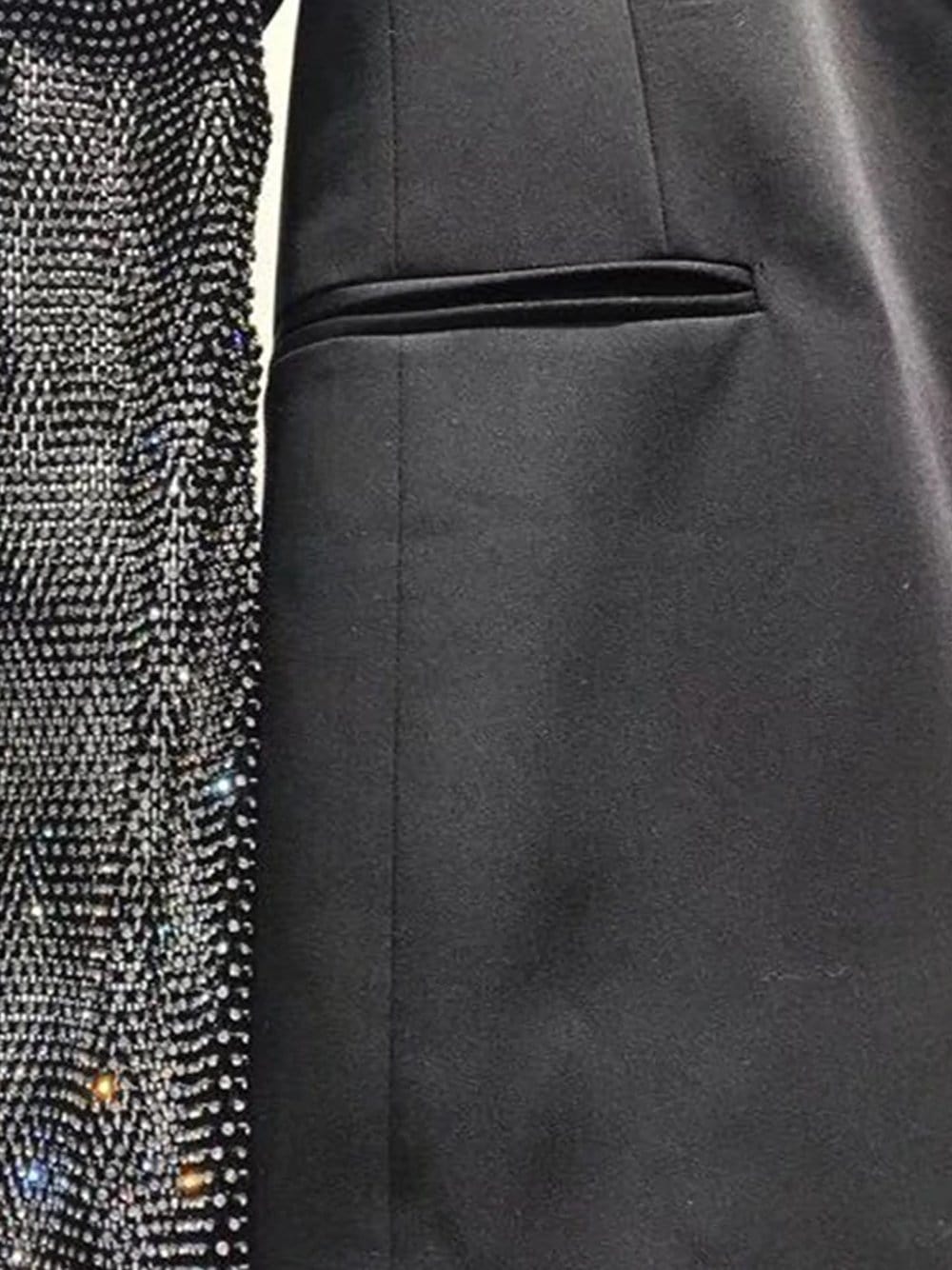 Black Peak Lapel Rhinestone Mesh Sleeve Pocket Square Blazer 9
