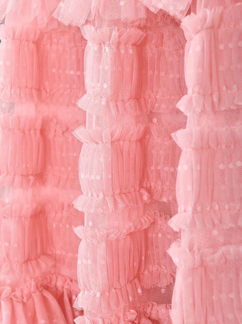 Pink Round Neck Short Sleeve Tiered Ruffle Tulle A-Line Maxi Dress