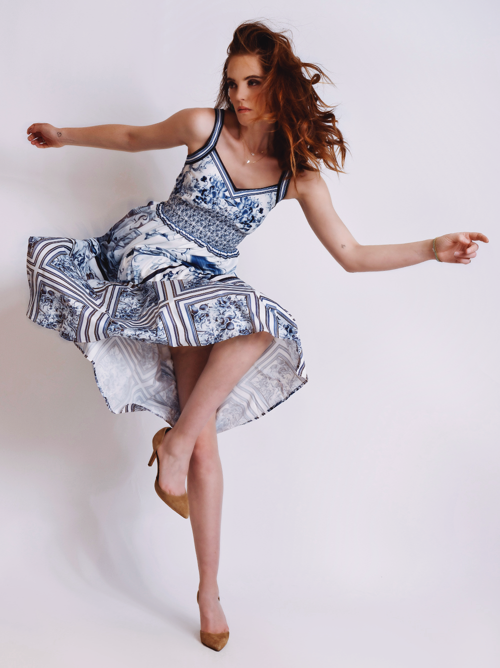 Blue Spaghetti Strap Floral Print Smocked Waist A-Line Midi Dress 3