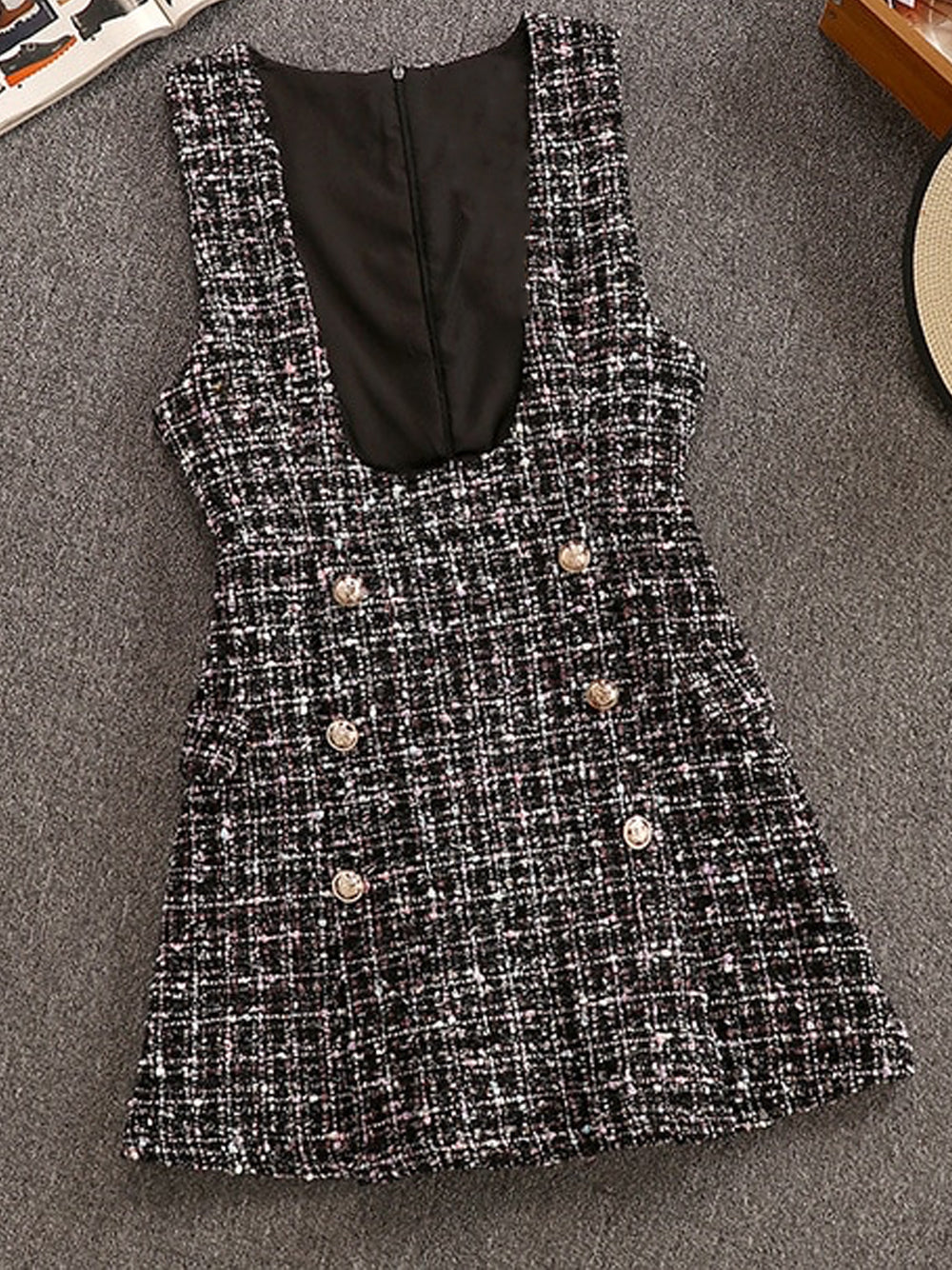 Gray Ruffle Bow Blouse and Tweed Pinafore Mini Dress Set