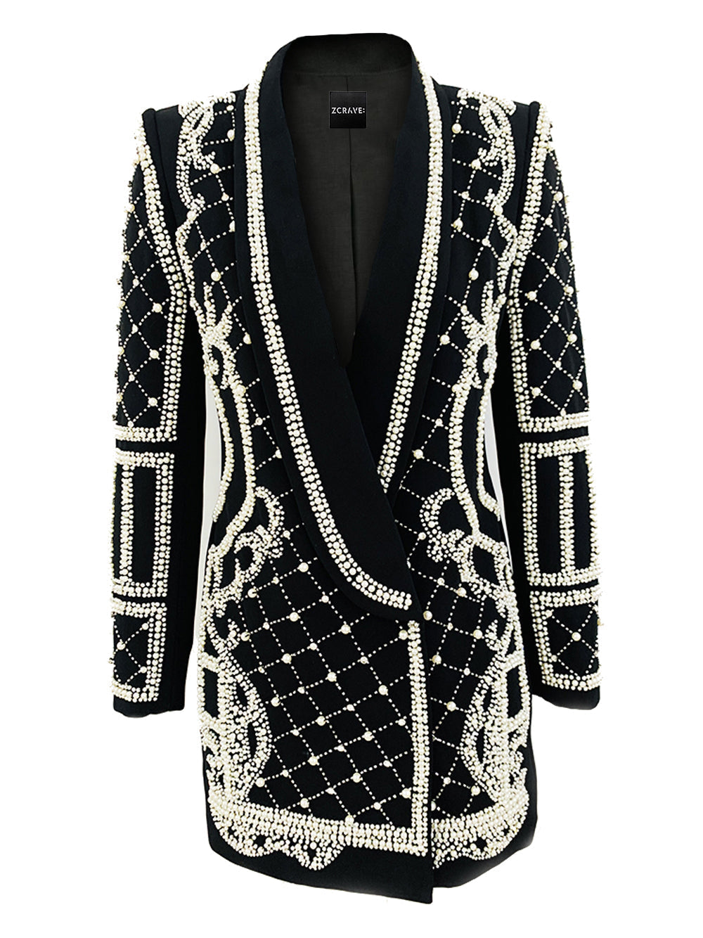 Black Shawl Lapel Pearl Beaded Rhinestone Long Sleeve Blazer Mini Dress
