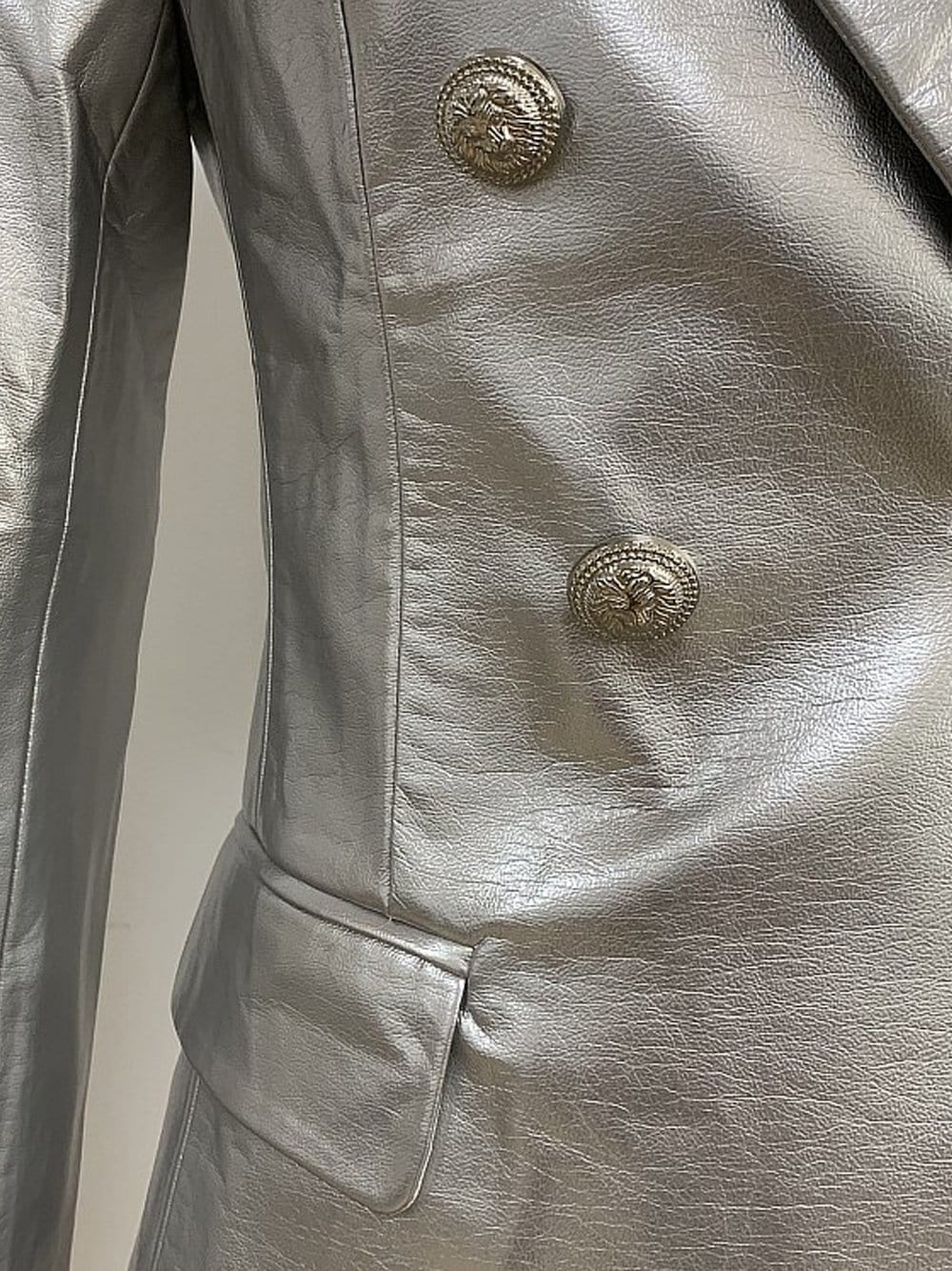 Silver Notched Lapel Double-Breasted Gold Button Metallic Leather Blazer 8