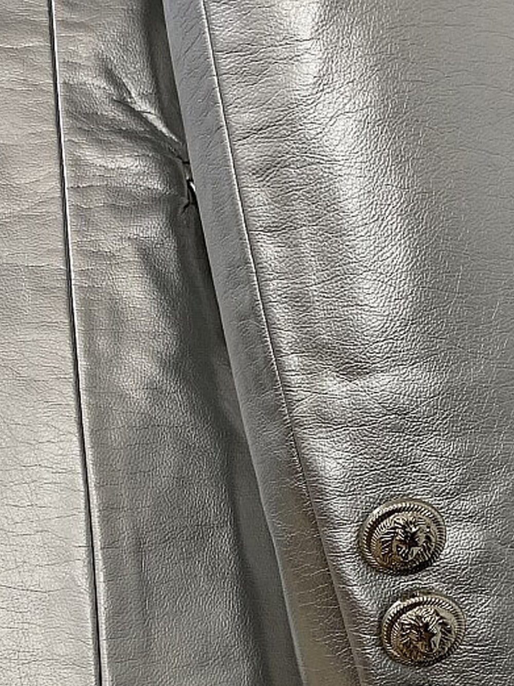 Silver Notched Lapel Double-Breasted Gold Button Metallic Leather Blazer 11