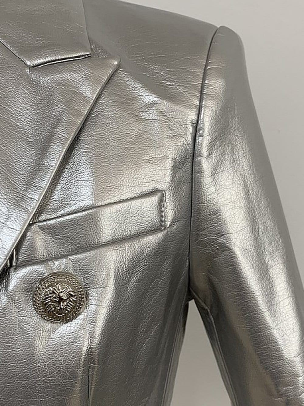 Silver Notched Lapel Double-Breasted Gold Button Metallic Leather Blazer 7