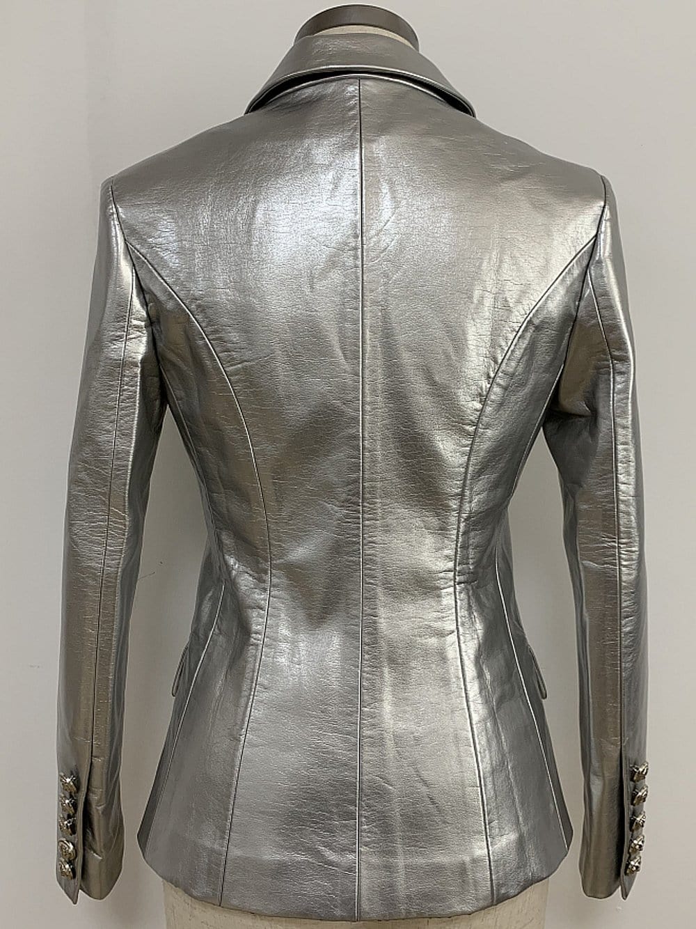 Silver Notched Lapel Double-Breasted Gold Button Metallic Leather Blazer 6