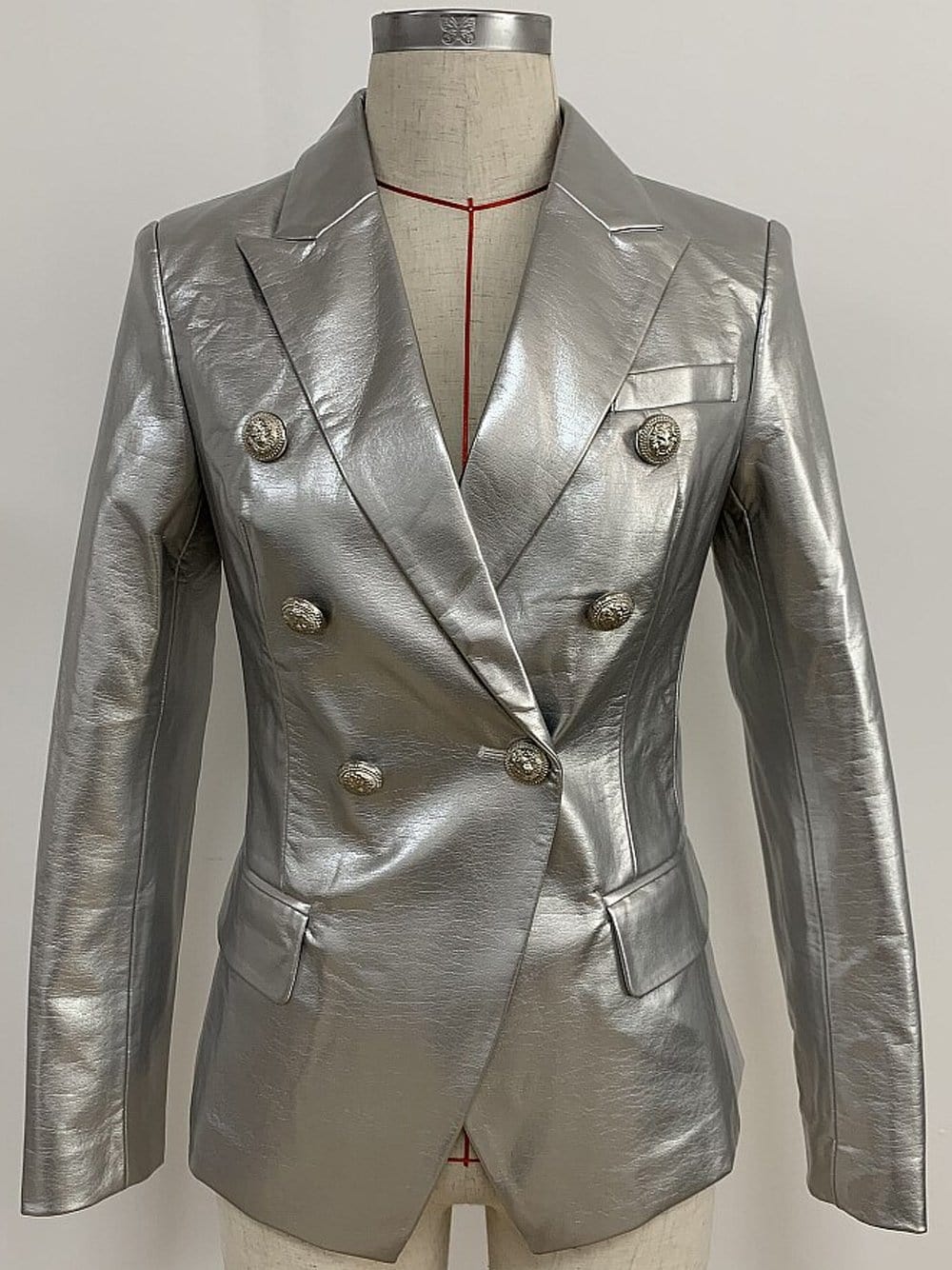 Silver Notched Lapel Double-Breasted Gold Button Metallic Leather Blazer 5