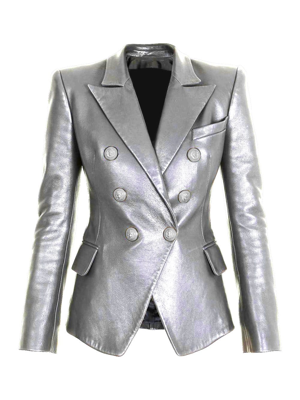 Silver Notched Lapel Double-Breasted Gold Button Metallic Leather Blazer 4