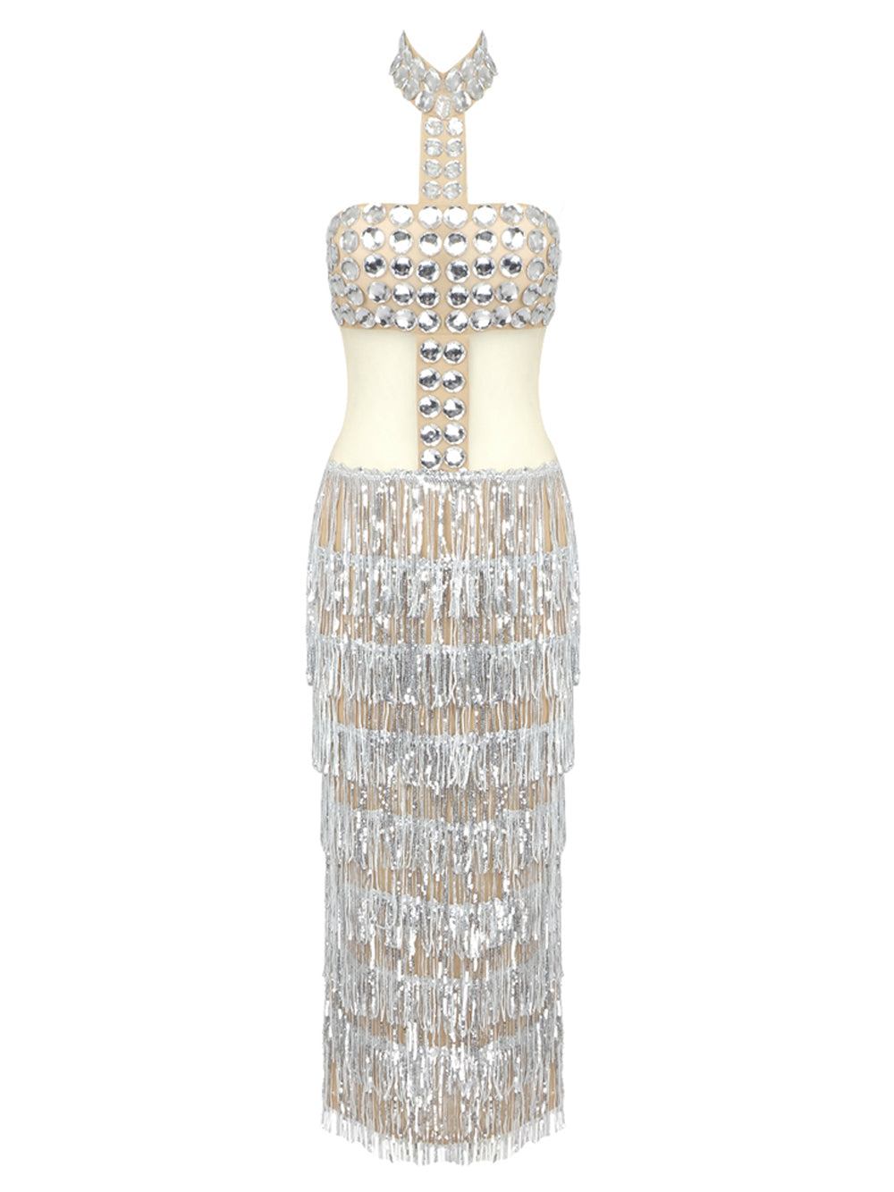 Silver Halter Neck Rhinestone Cutout Waist Sequin Tassel Fringe Bodycon Maxi Dress