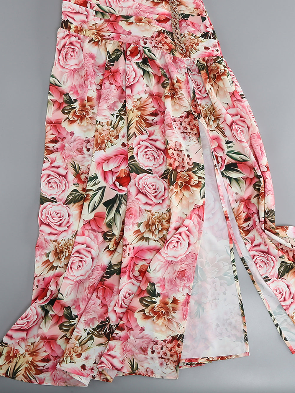 Pink One Shoulder Floral Print Crop Top High Slit Skirt Set 14