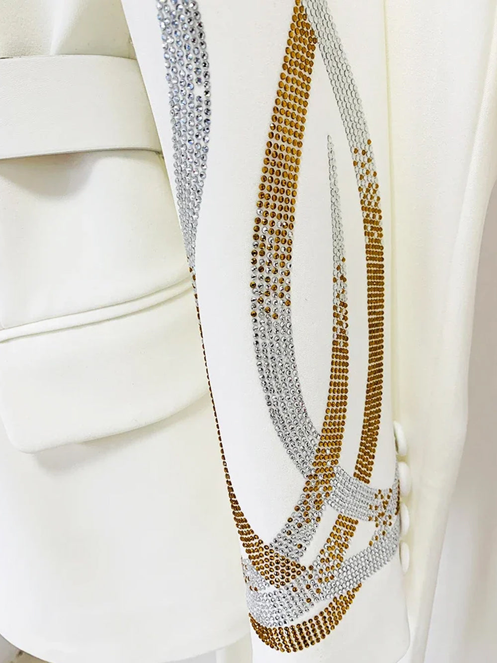 White Peak Lapel Sequin Embellished Belted Blazer Flared Pants Set 9