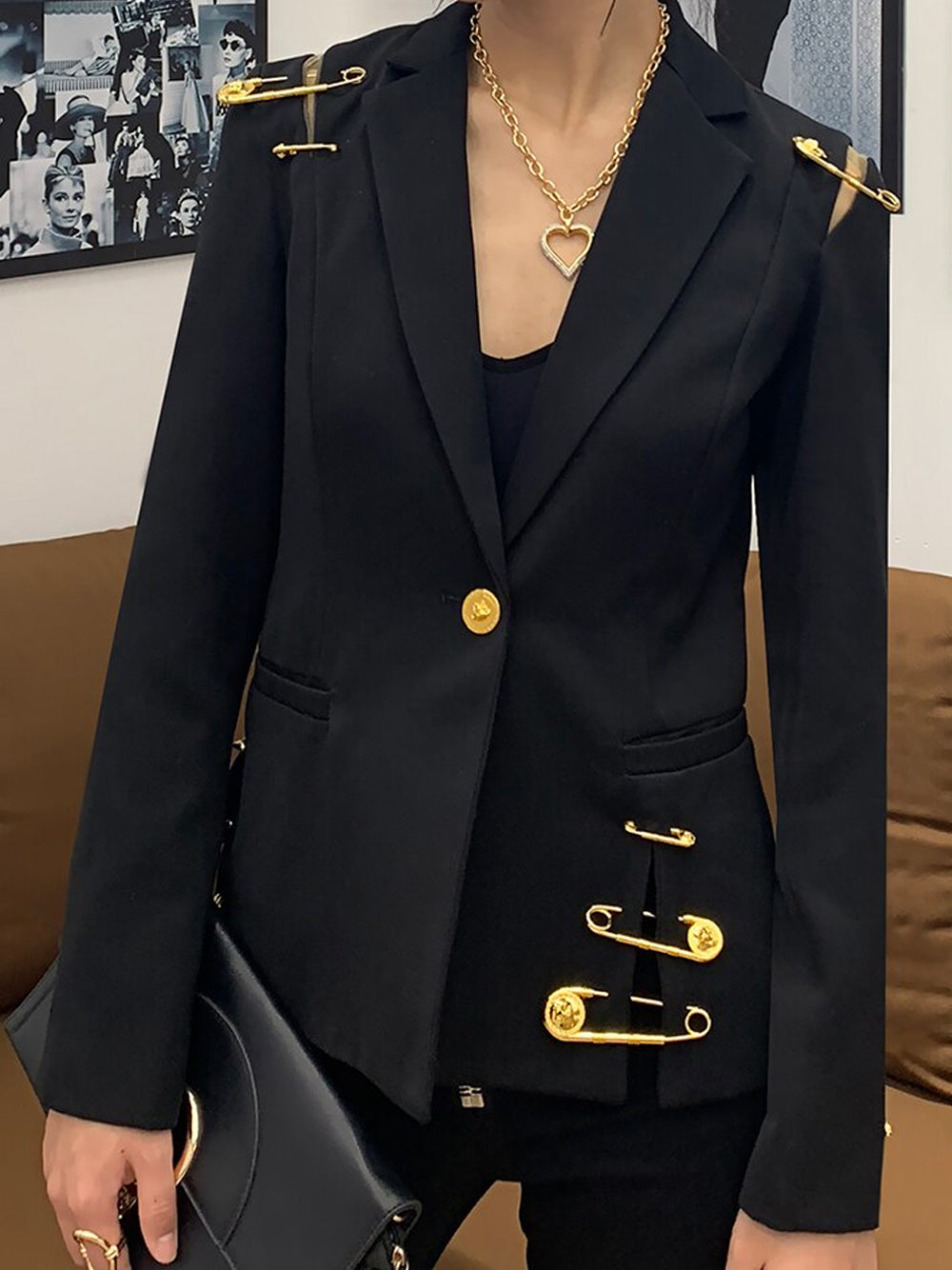 Black Peak Lapel Safety Pin Embellished Single Button Blazer 8