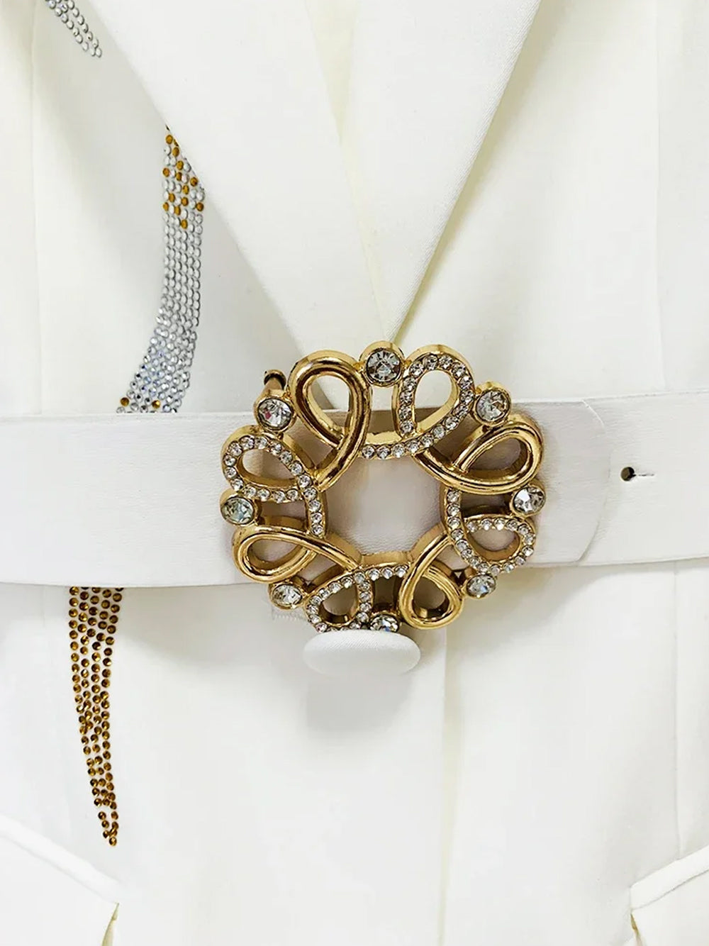 White Peak Lapel Sequin Embellished Belted Blazer Flared Pants Set 8