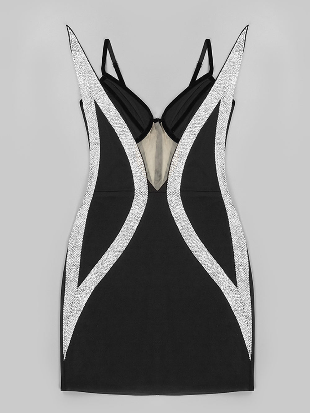 Black Spaghetti Strap Rhinestone Swirl Cutout Bodycon Mini Dress 3