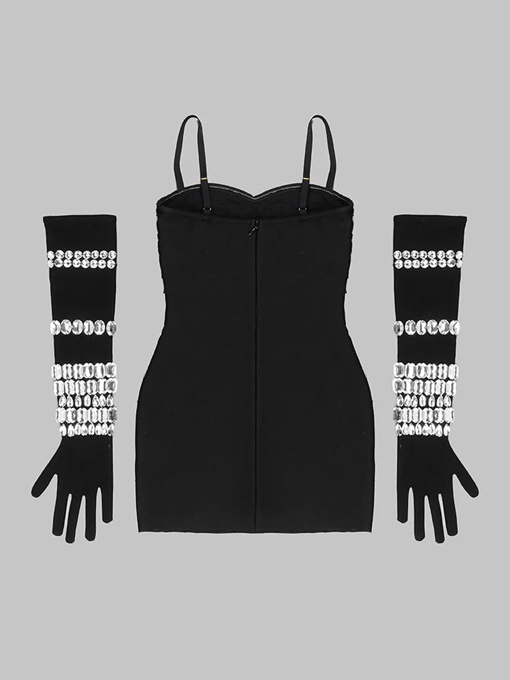 Black Spaghetti Strap Crystal Embellished Bodycon Mini Dress