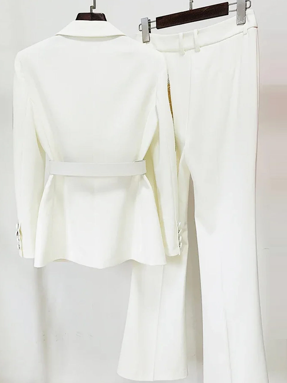 White Peak Lapel Sequin Embellished Belted Blazer Flared Pants Set 5