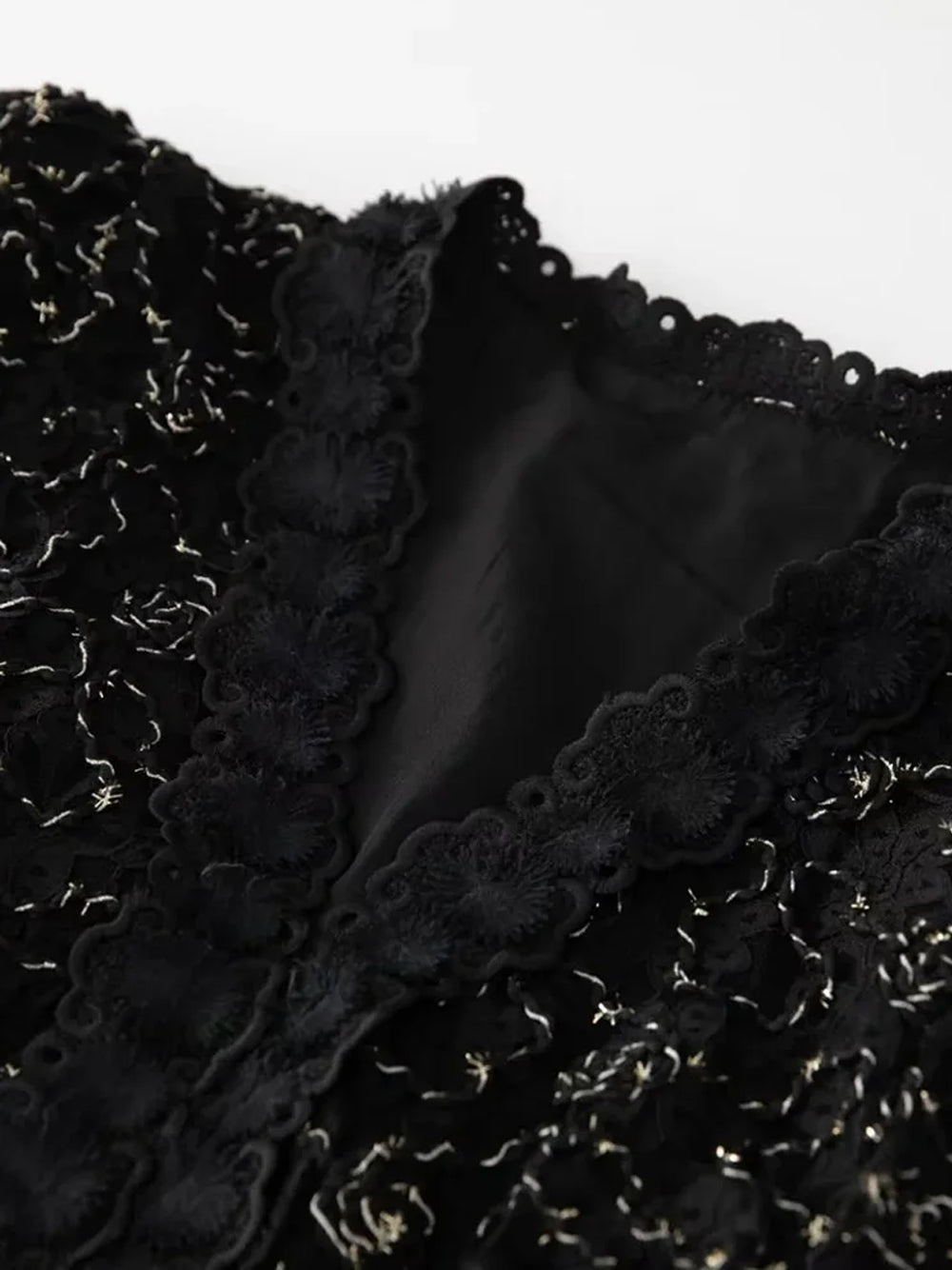 Black V-Neck Long Sleeve Floral Lace A-Line Midi Dress 6