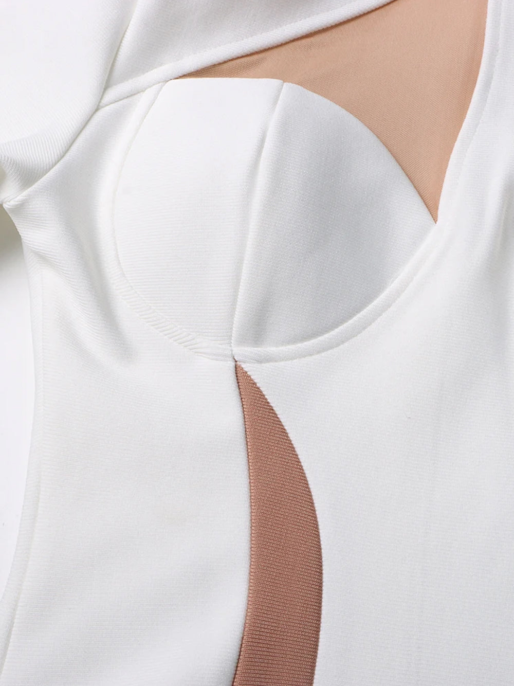 White High Neck Mesh Cutout Feather Cuff Bandage Bodycon Mini Dress