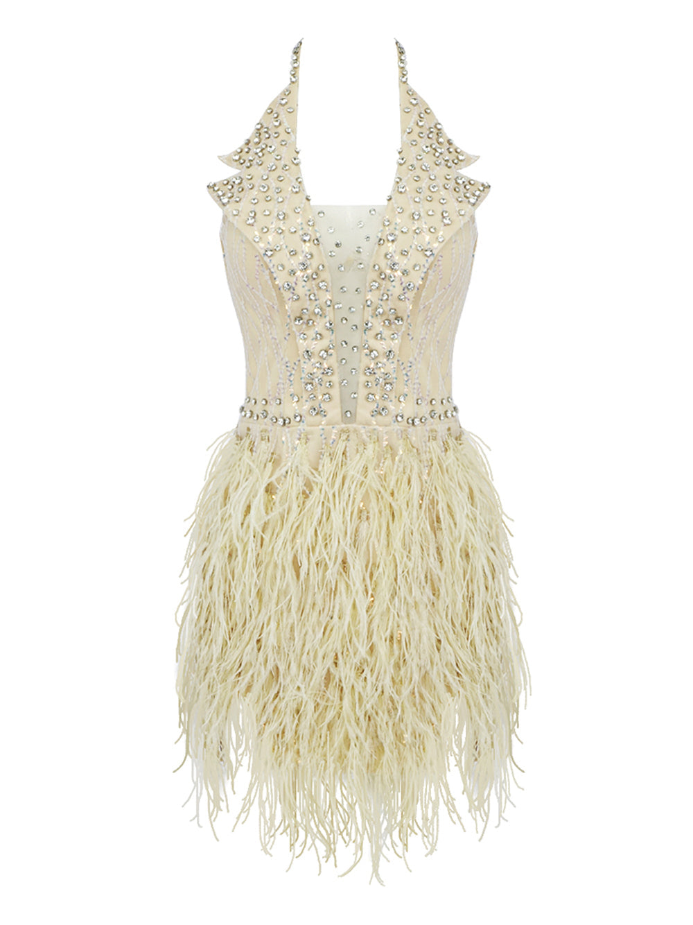 Beige Halter Neck Rhinestone Feather Skirt Bodycon Mini Dress