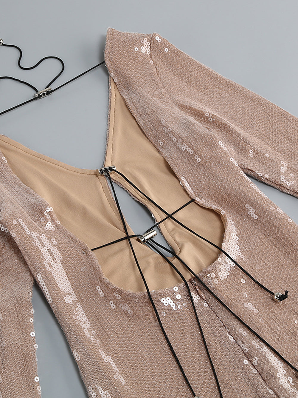 Light Brown Plunge Neck Sequin Lace-Up Long Sleeve Bodycon Maxi Dress 13