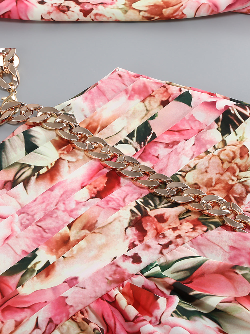 Pink One Shoulder Floral Print Crop Top High Slit Skirt Set 11