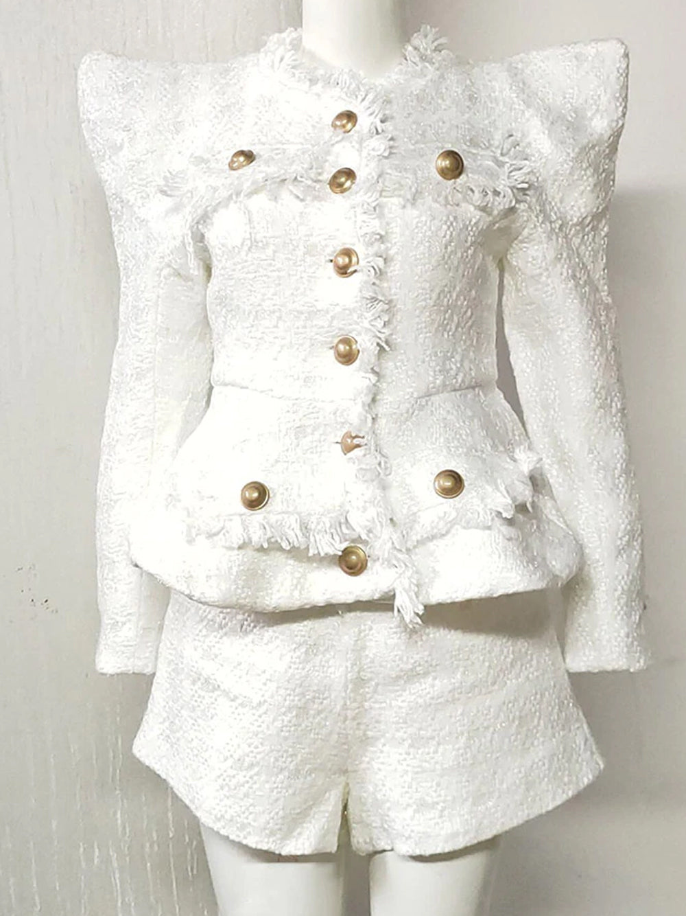 White Fringe Trim Gold Button Tweed Jacket Shorts Set