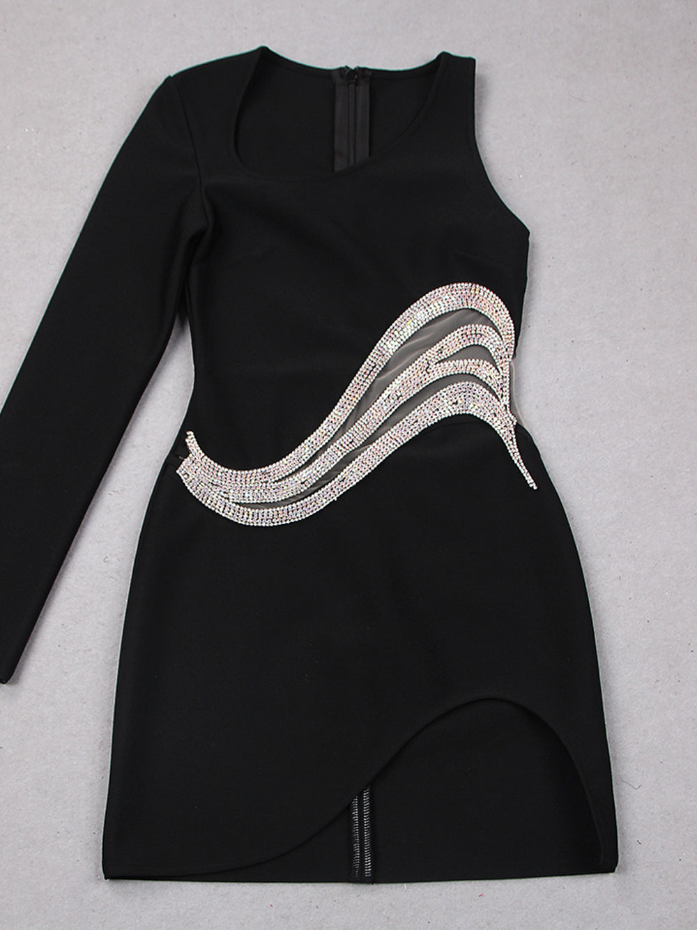 Black One Shoulder Rhinestone Mesh Cutout Long Sleeve Bodycon Mini Dress