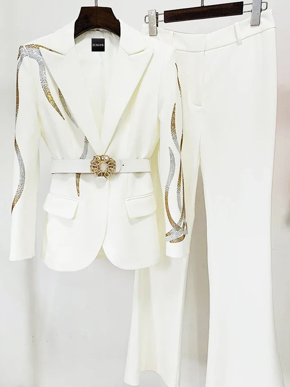White Peak Lapel Sequin Embellished Belted Blazer Flared Pants Set 4