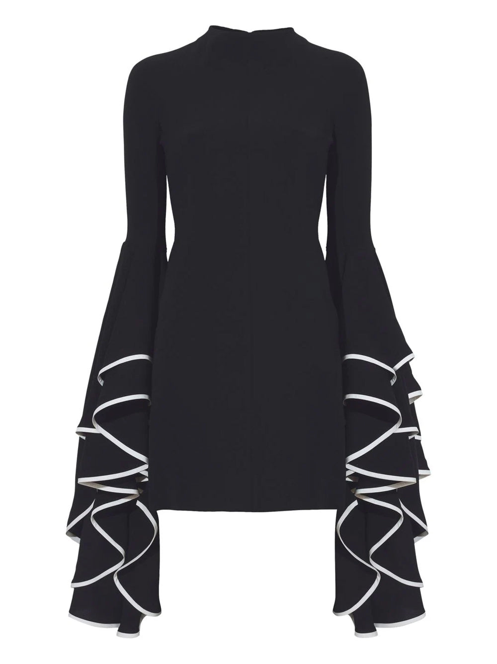 Black Mock Neck Contrast Trim Ruffle Bell Sleeve Shift Mini Dress