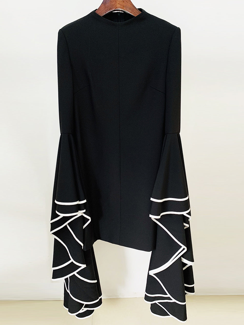 Black Mock Neck Contrast Trim Ruffle Bell Sleeve Shift Mini Dress 2