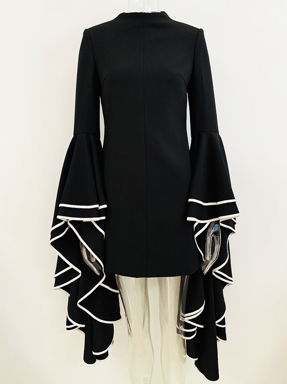 Black Mock Neck Contrast Trim Ruffle Bell Sleeve Shift Mini Dress 4