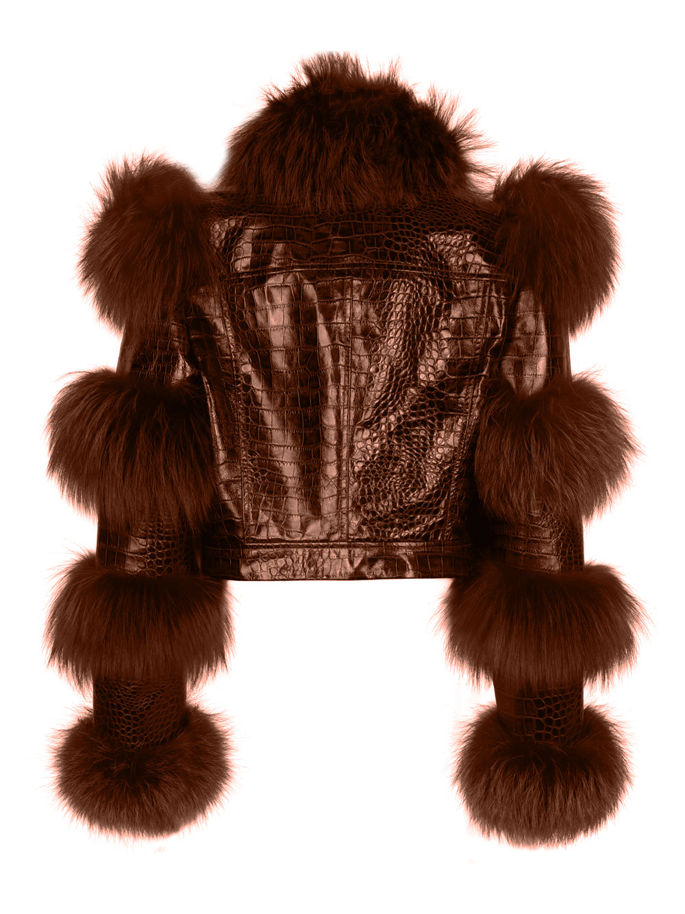 Brown Fur Trim Croc Leather Cropped Jacket