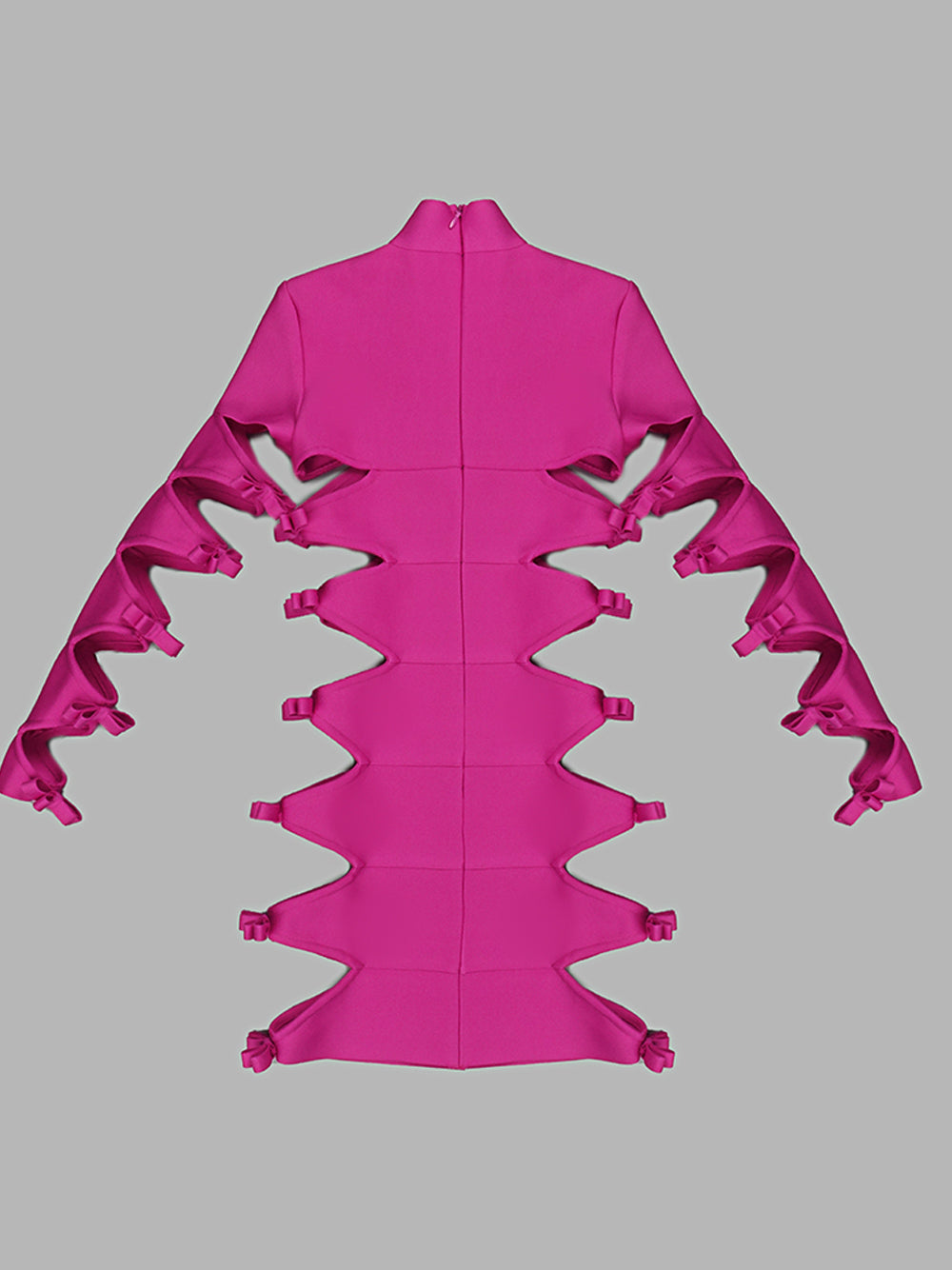 Fuchsia High Neck Bow Cutout Long Sleeve Bandage Bodycon Mini Dress