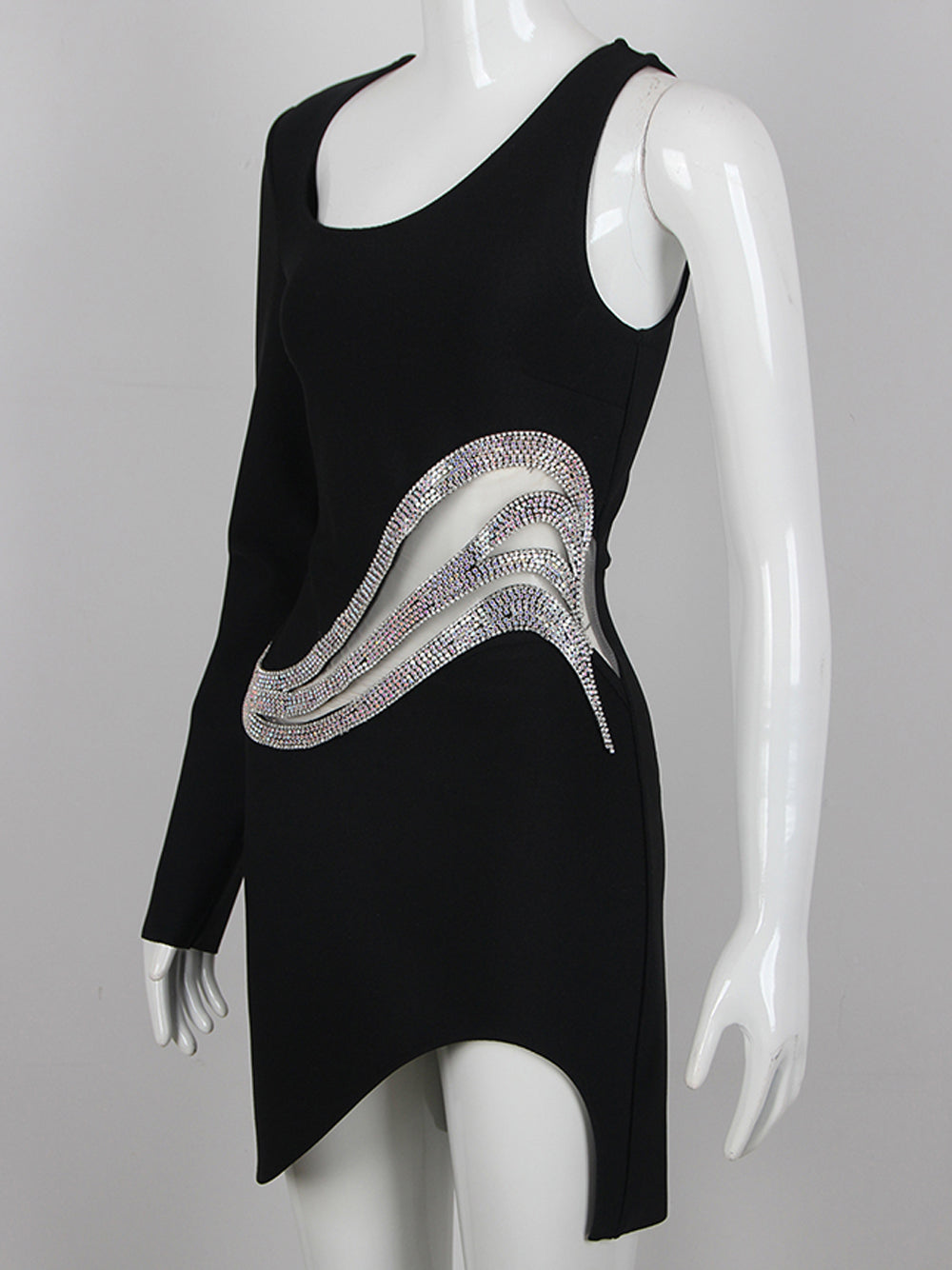 Black One Shoulder Rhinestone Mesh Cutout Long Sleeve Bodycon Mini Dress